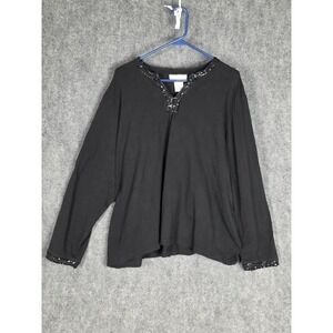 Susan Graver Style Black Sequin Embellished V‎ Neck Long Sleeve Top Plus Size 3X